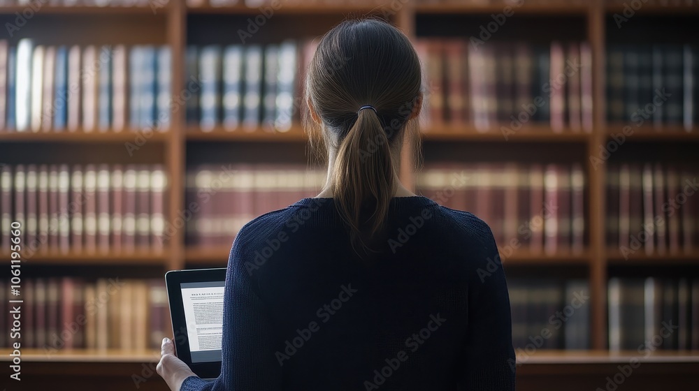 Poster studious researcher exploring knowledge in a vast library