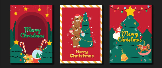 Merry christmas and happy new year greeting card vector. Decorative with Christmas trees, ornaments, lights, gingerbread, snowman, horse. Design for holidays card, poster, cover, season, social media.