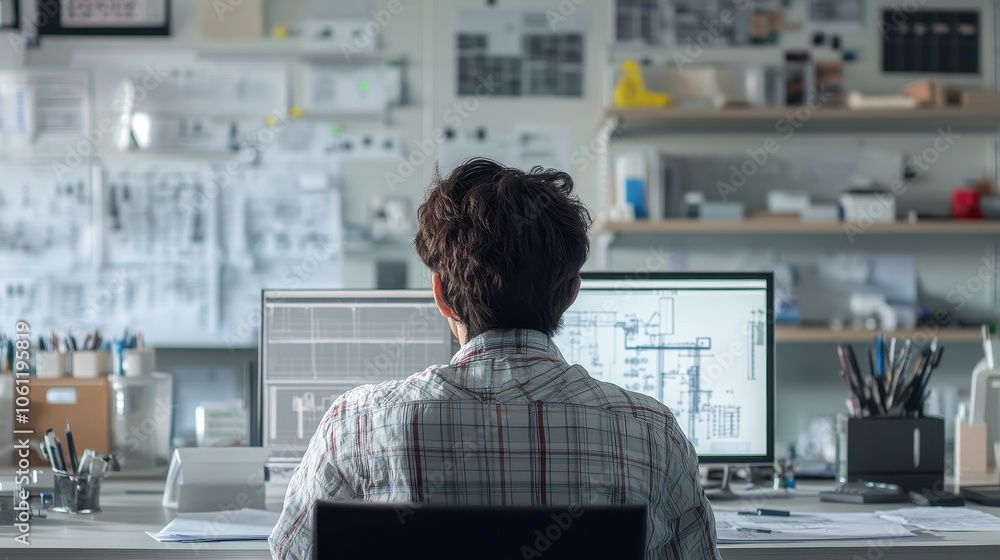 Poster Engineer Analyzing Building Plans on Computer in Office