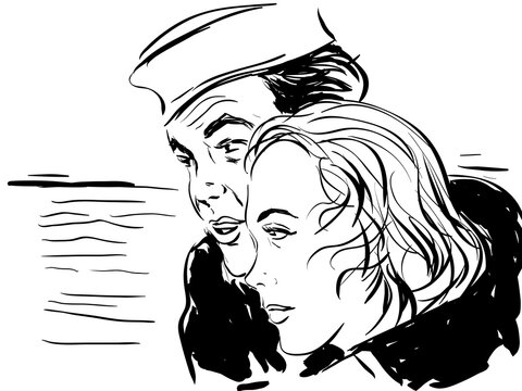 dessin croquis noir et blanc jeune couple amoureux homme avec un chapeau marin et femme qui regarde la mer 
