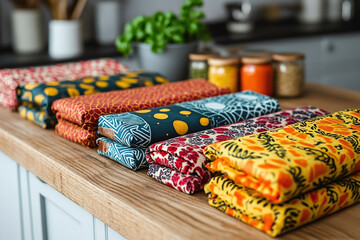 reusable beeswax wraps in vibrant patterns on a wooden kitchen countertop.
