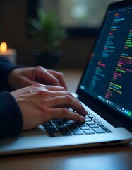 Hands Typing on Laptop with Coding Lines on Screen, Modern Workspace background