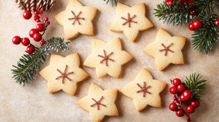 Star-shaped Christmas Cookies with Red Snowflake Decorations