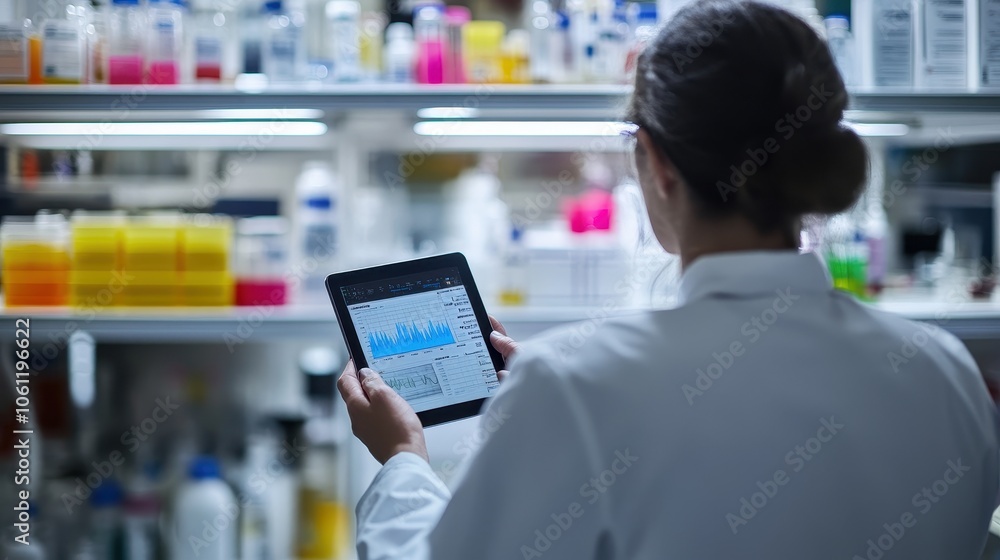 Poster scientist analyzing data on digital tablet in lab