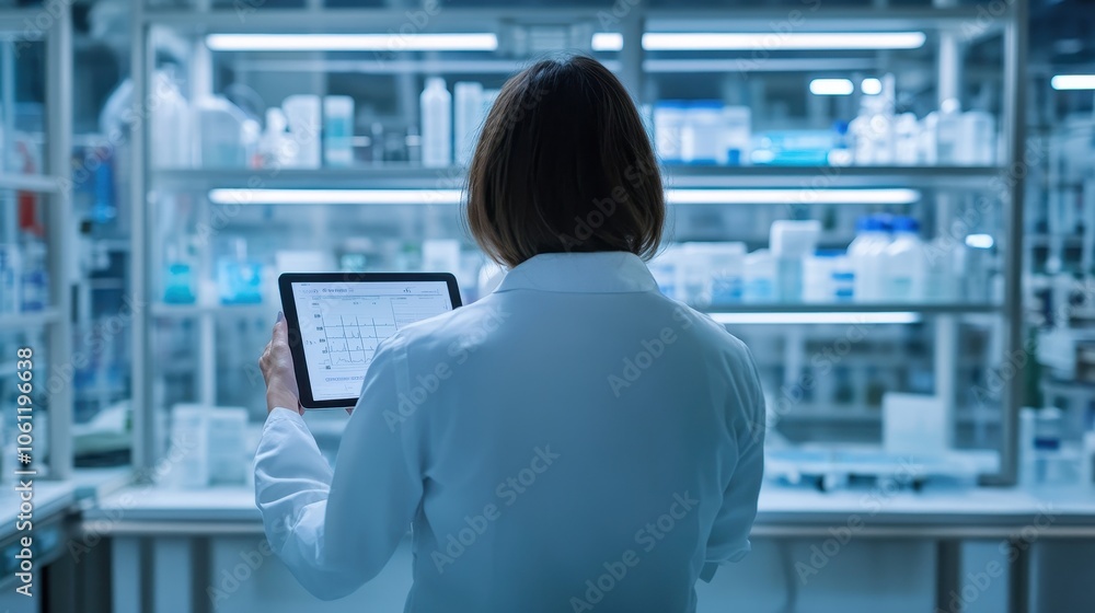 Poster scientist analyzing data on digital tablet in modern laboratory