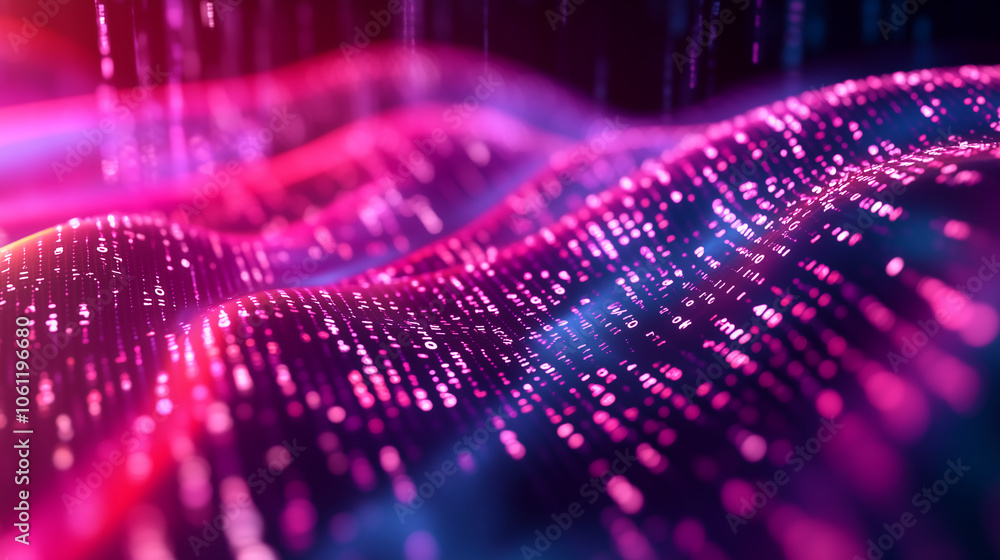 Poster a close-up view of a digital landscape illuminated by bright pink and blue lights. the abstract surf