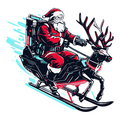 A large Christmas set with Santa Claus on a sleigh with reindeer, with gifts, with a New Year tree, in a car. Collection of characters for design, flat cartoon