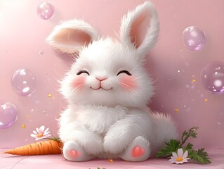 Fototapeta premium A cute bunny character with fluffy white fur and pink ears is set against a soft pink background with bubbles and stars alongside a small carrot