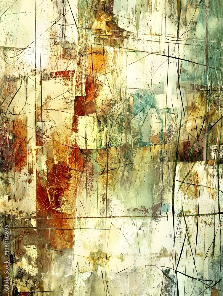 Poster an abstract artwork featuring a blend of earthy tones, with hints of green and red, creating a textu