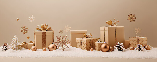 Minimalist Christmas design with metallic copper snowflakes and beige gift boxes