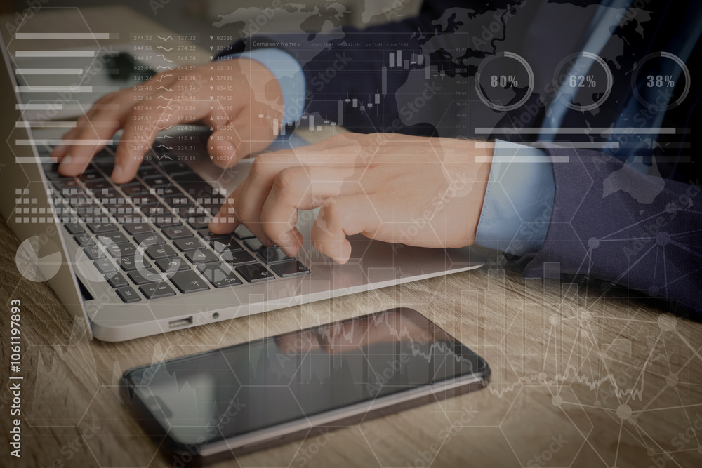 Poster technology and business. man working on laptop at table and graphs with schemes, double exposure