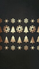 Elegant festive vertical pattern background featuring glittering gold foil Christmas trees, snowflakes, and stars on a black texture.