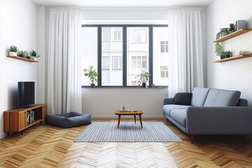 A minimalist living room featuring a gray sofa, wooden floors, a small coffee table, greenery, and a large window with white curtains for a bright, airy atmosphere.