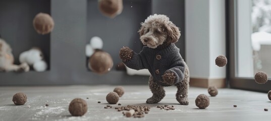 A playful pet joyfully interacts with a favorite brand toy or a fun pet related product accessory.