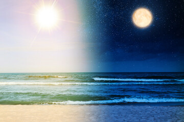 Sea on sunny day and night of full moon, combined design