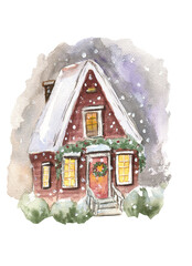 Watercolor illustration of a Christmas house in the snow.