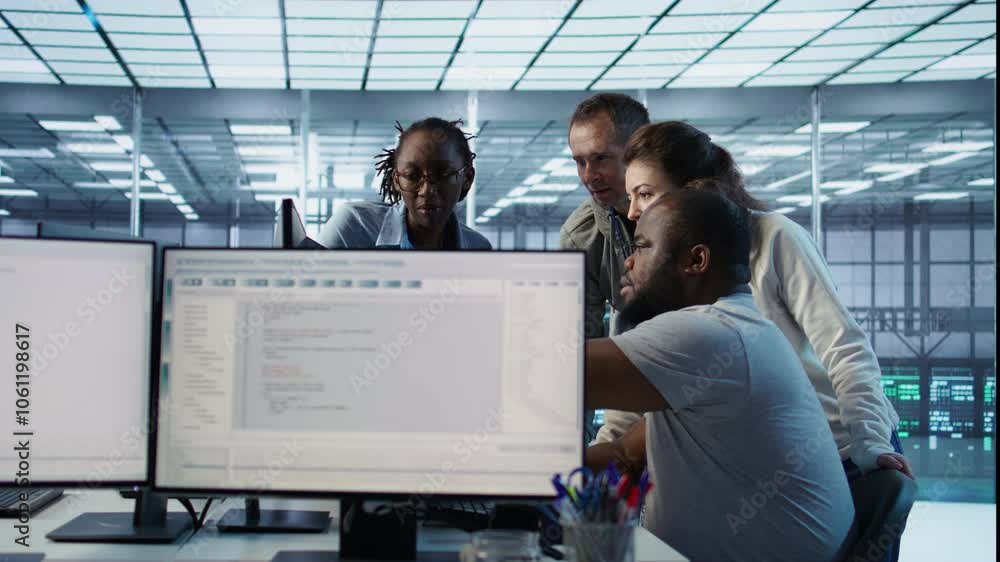 Poster multiethnic team of engineers working in server hub, using pcs to analyze data. multiracial group of