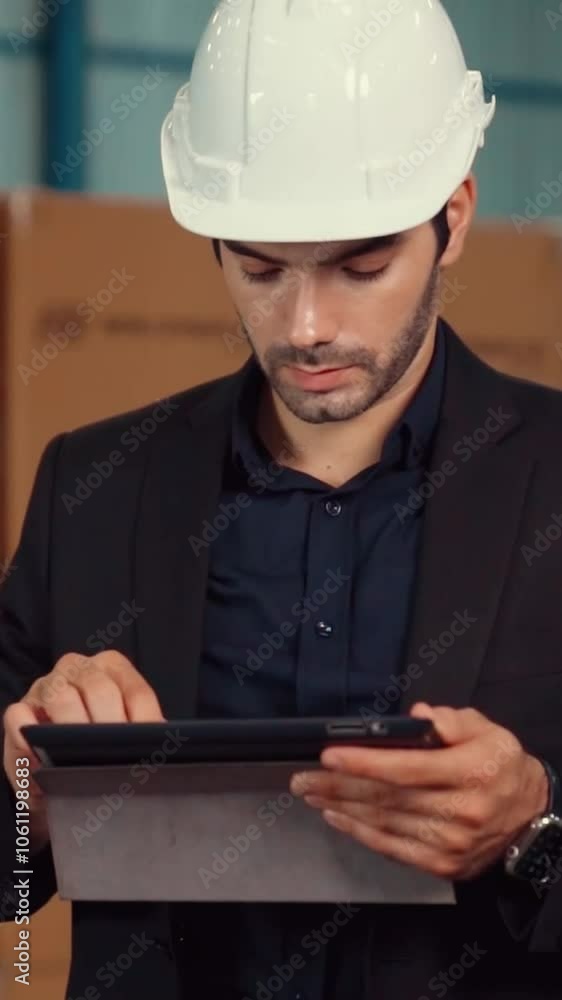 Poster factory manager using tablet computer in warehouse or factory . industry and supply chain management