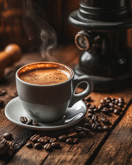 A steaming cup of coffee sits on a wooden table surrounded by coffee beans