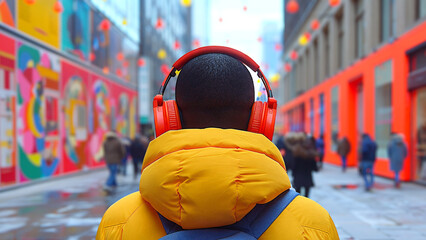 Man in a yellow jacket with red headphones walking down a colorful urban street, surrounded by murals and city life