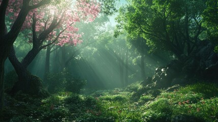 A serene forest scene with sunlight filtering through trees and blooming flowers.