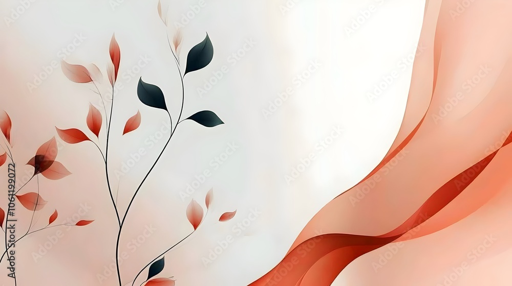Poster an elegant abstract design featuring delicate red and black leaves intertwined with flowing, translu