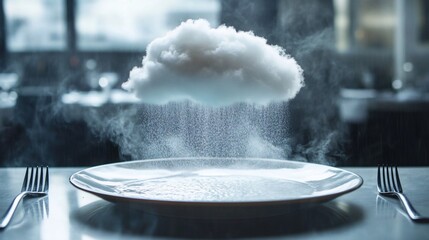 A fluffy white cloud hovers over a plate, raining down on a table set with forks.