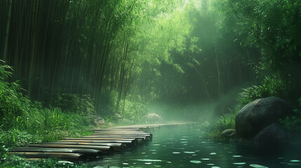 Naklejka premium A tranquil pathway leads through lush bamboo, alongside a peaceful waterway reflecting the morning glow