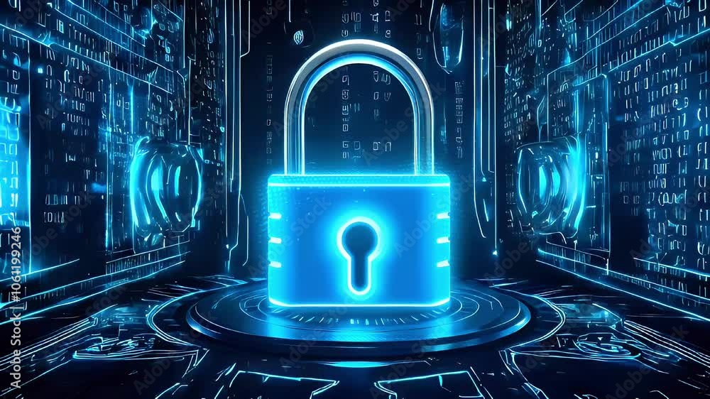 Poster a glowing blue padlock sits on a futuristic platform surrounded by data patterns.