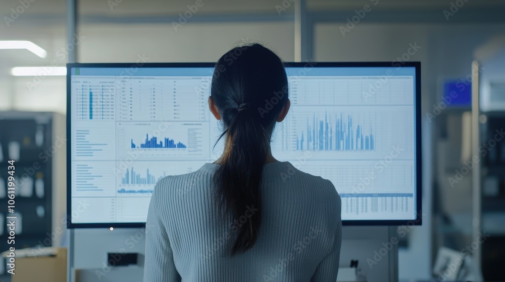 Poster analyzing financial data: woman examining charts and graphs on computer screen
