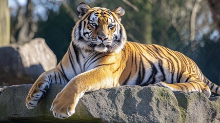 Obraz premium A majestic tiger lounging on a rock, showcasing its striking fur and calm demeanor.