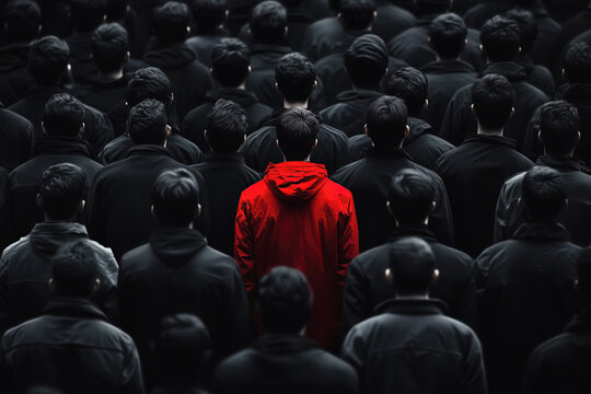 Be different - Man with red jacket is standing in a crowd