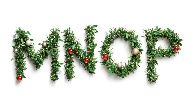 MNOP letters in festive holiday garlands on white