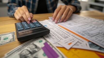 Hands counting money calculator financial documents desk budgeting finance management. AI generated
