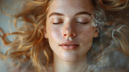 Young woman with closed eyes and natural freckles lying in soft lighting, surrounded by gentle curls of blonde hair and mist, creating a serene and dreamy atmosphere