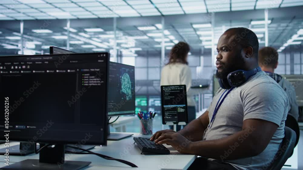 Poster engineer working in high tech establishment providing computing resources for different workloads. a
