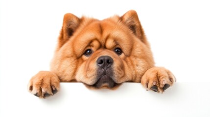 Obraz premium A close-up of a Chow Chow dog resting its paws on a surface, looking curiously at the viewer.