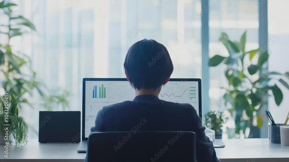 Poster focused businessman analyzing data on computer screen in modern office
