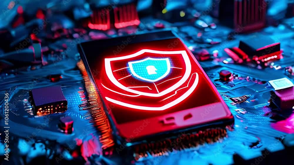 Aufkleber a smartphone with a glowing security shield on a circuit board.