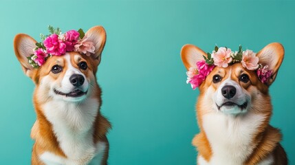 Two corgis adorned with floral crowns against a teal background, exuding charm and playfulness.