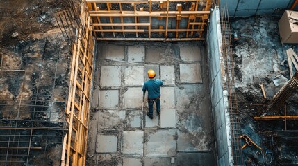 Worker Scaling Concrete Wall on Construction Site