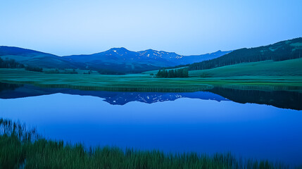 A tranquil lake captures the stunning reflection of mountains as dawn breaks over the landscape