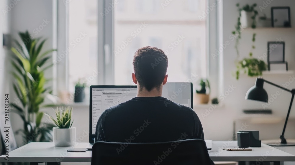 Poster focused programmer working at home office desk
