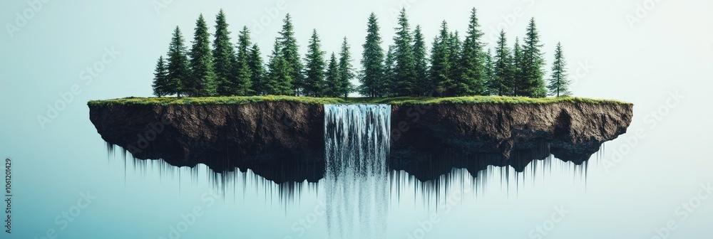 Poster a floating island with trees and a waterfall, creating a serene, surreal landscape.