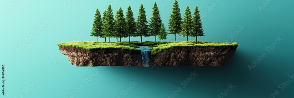 Poster a floating island with trees and a waterfall against a turquoise background.