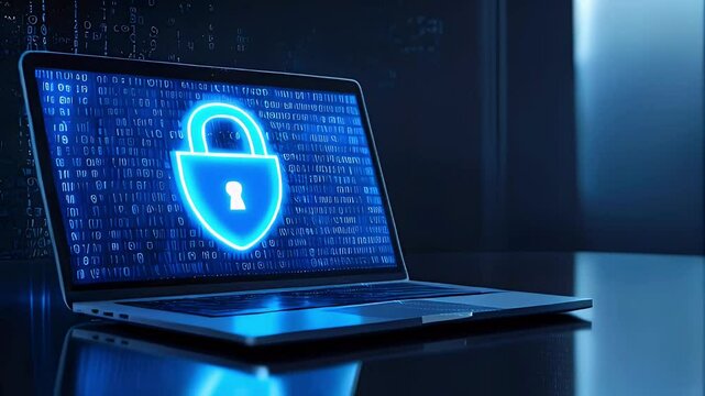 A glowing padlock icon displayed on a laptop screen, with a background of binary code.