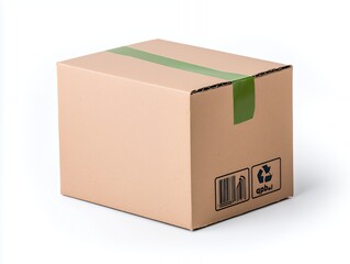 Closed cardboard box with green tape and recycle symbol.