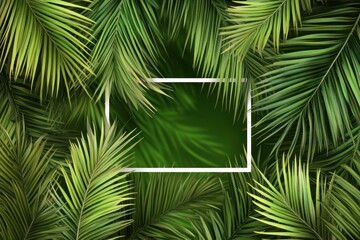 A lush arrangement of palm leaves framing a blank space for text or images.