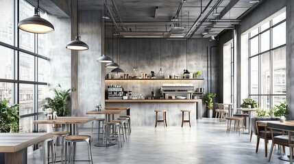 Modern cafe with concrete ceiling featuring soft glow from artistic industrial lamps. AI generated