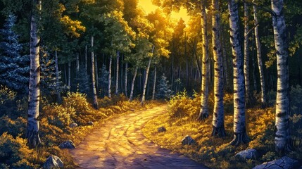 Fototapeta premium A serene forest path illuminated by sunlight, inviting exploration and tranquility.